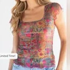 Natural Life Sheer Mesh Top Womens Medium Y2K Short Sleeve Cottagecore Blouse